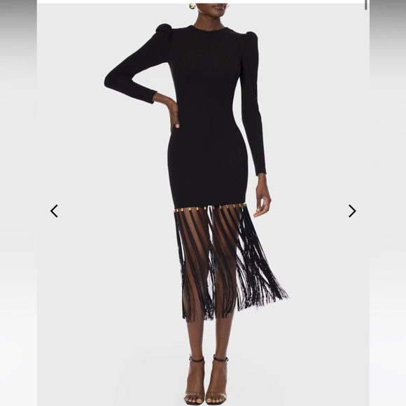 NWT - HELSI “Greta” Puff Sleeve Black Fringe Midi Dress with Gold Accents - Picture 3 of 15